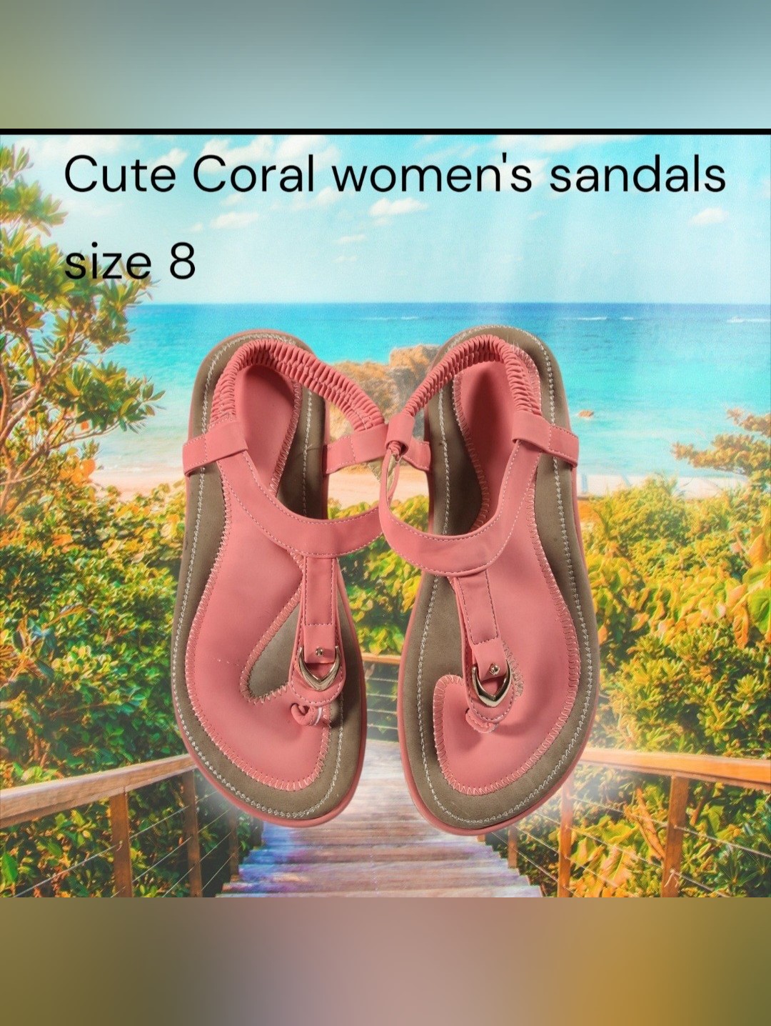 Cute Cushioned Coral T-Strap Women's Sandals Gold Accent Elastic Size 8 (39)